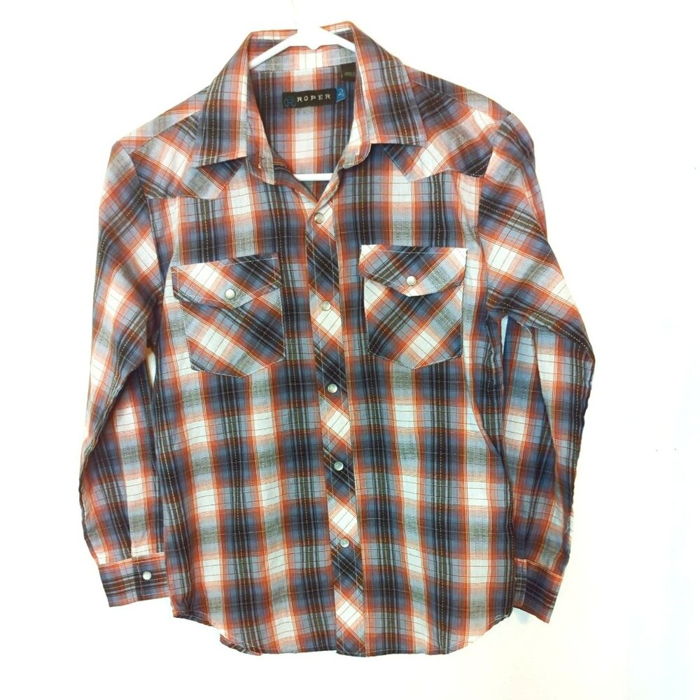 Roper Boys Large Western Plaid Snap Button Long Sleeve Shirt Brown Orange